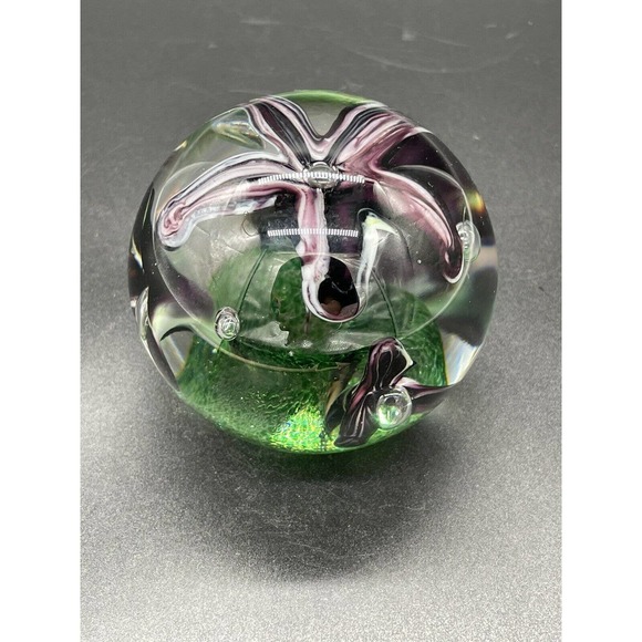 Adam Jablonski Paperweight Purple Flower Hand Blown Controlled Bubble Art Glass - Picture 2 of 7